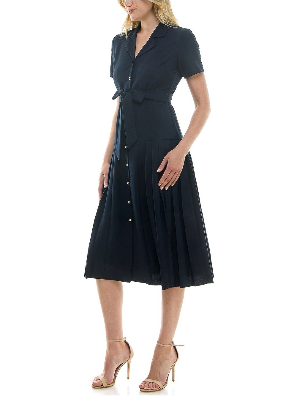 Nanette Lepore Navy Short-Sleeve Button Front Tie-Waist Pleated Midi Dress